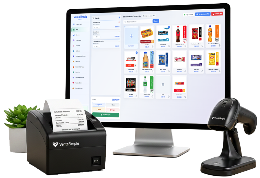 VentaSimple en un monitor en el mostrador: sistema POS, caja y cuentas corrientes en el navegador